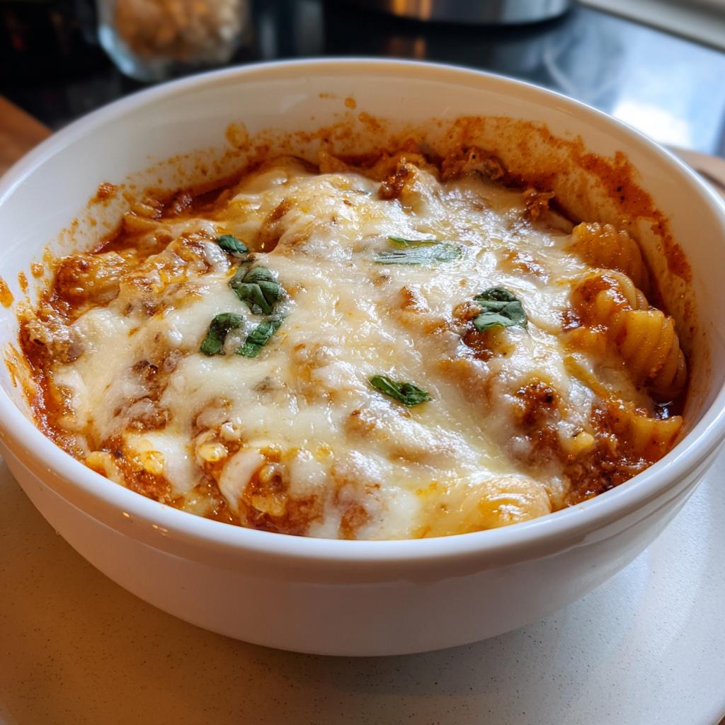 A close-up of a white bowl filled with lasagna soup topped with melted cheese and basil.