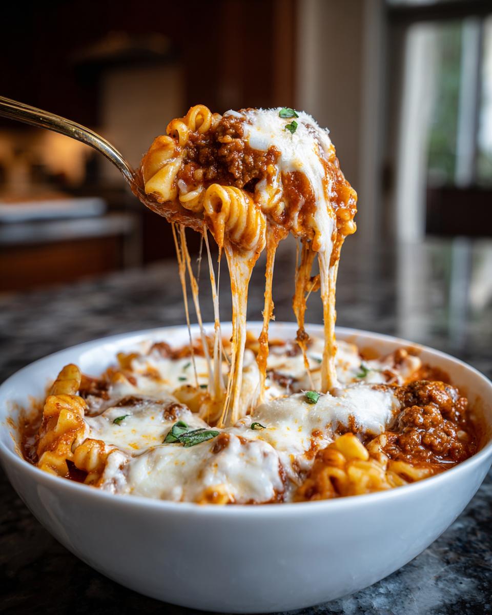 A spoonful of lasagna soup with long strands of melty cheese being lifted from a bowl of the soup.