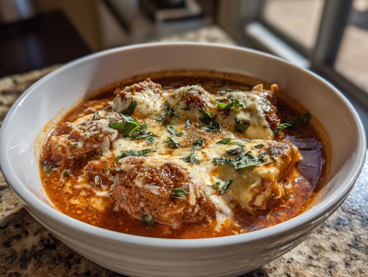 A bowl of lasagna soup recipes with melty cheese on top, garnished with fresh herbs.