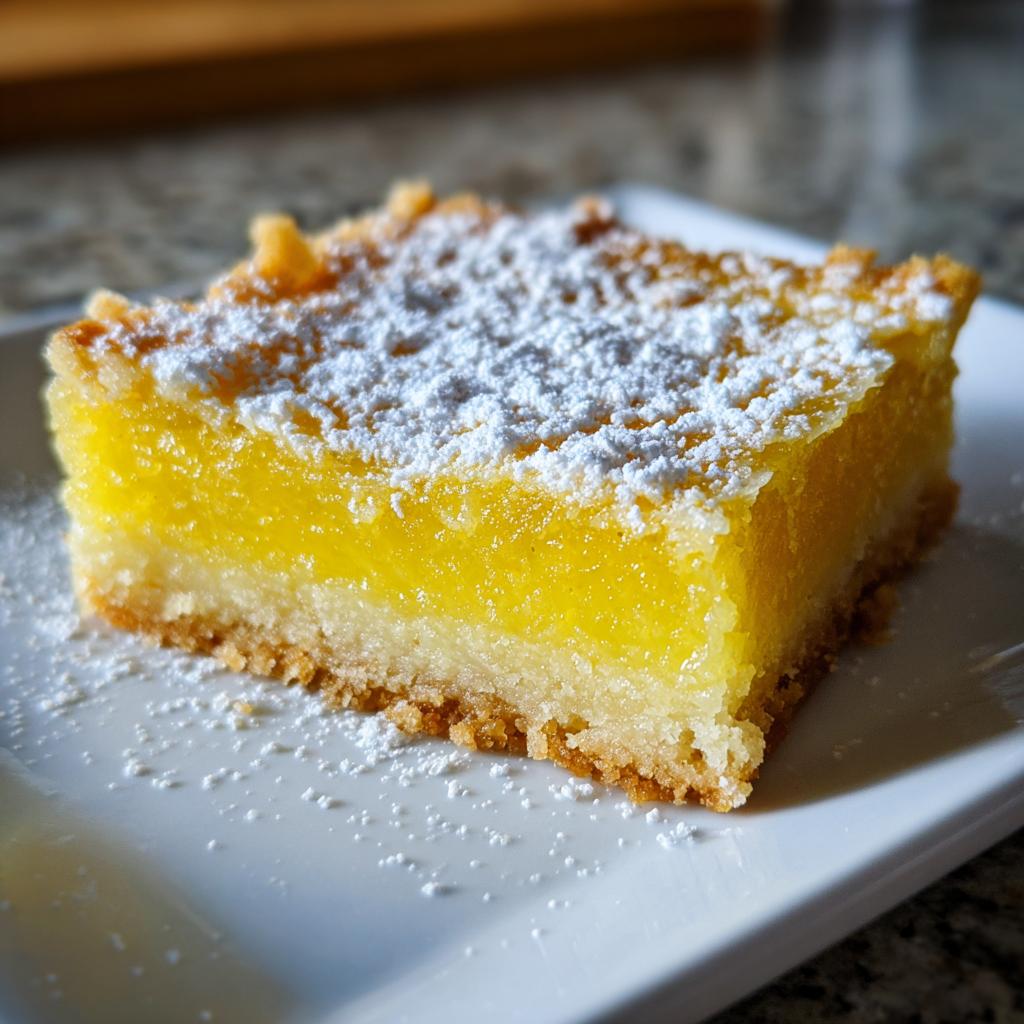 A single slice of a bright yellow lemon bar, dusted with powdered sugar, on a white plate.