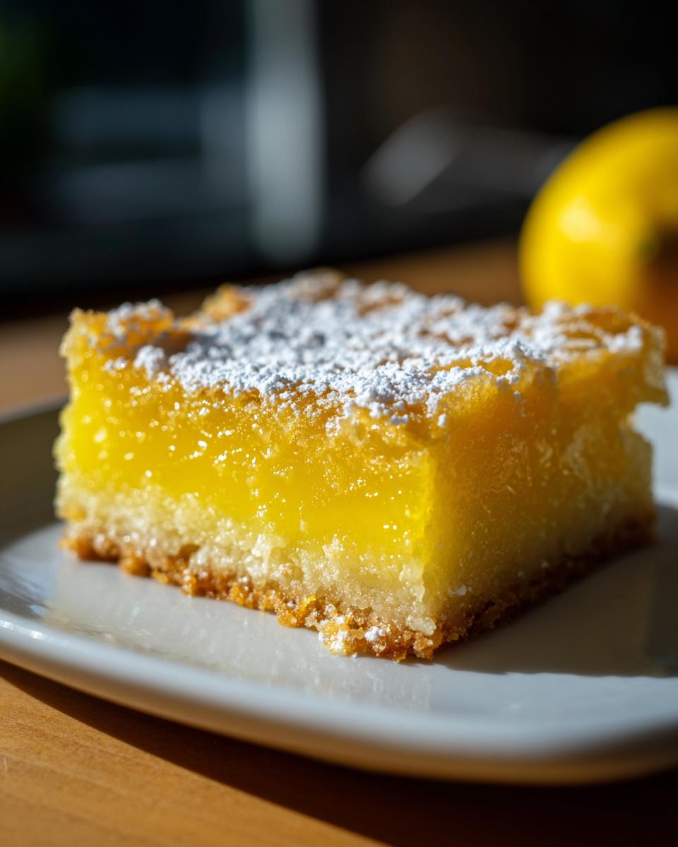 A close-up of a perfect slice of lemon bar, dusted with powdered sugar, showcasing its bright citrus filling and buttery crust.