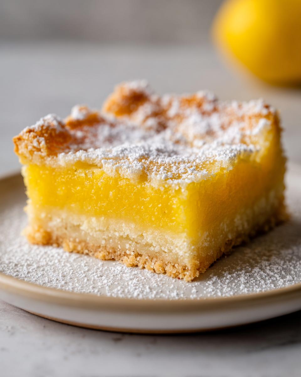 A single slice of bright yellow lemon bar dessert, dusted with powdered sugar, on a plate.