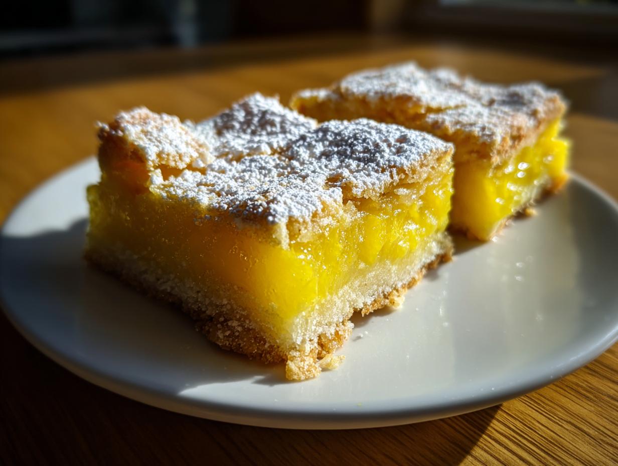 Two slices of bright yellow lemon bars dusted with powdered sugar on a white plate.