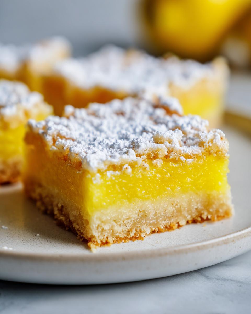 Close-up of a bright yellow lemon bar topped with powdered sugar, part of a dessert recipe with lemon bars.