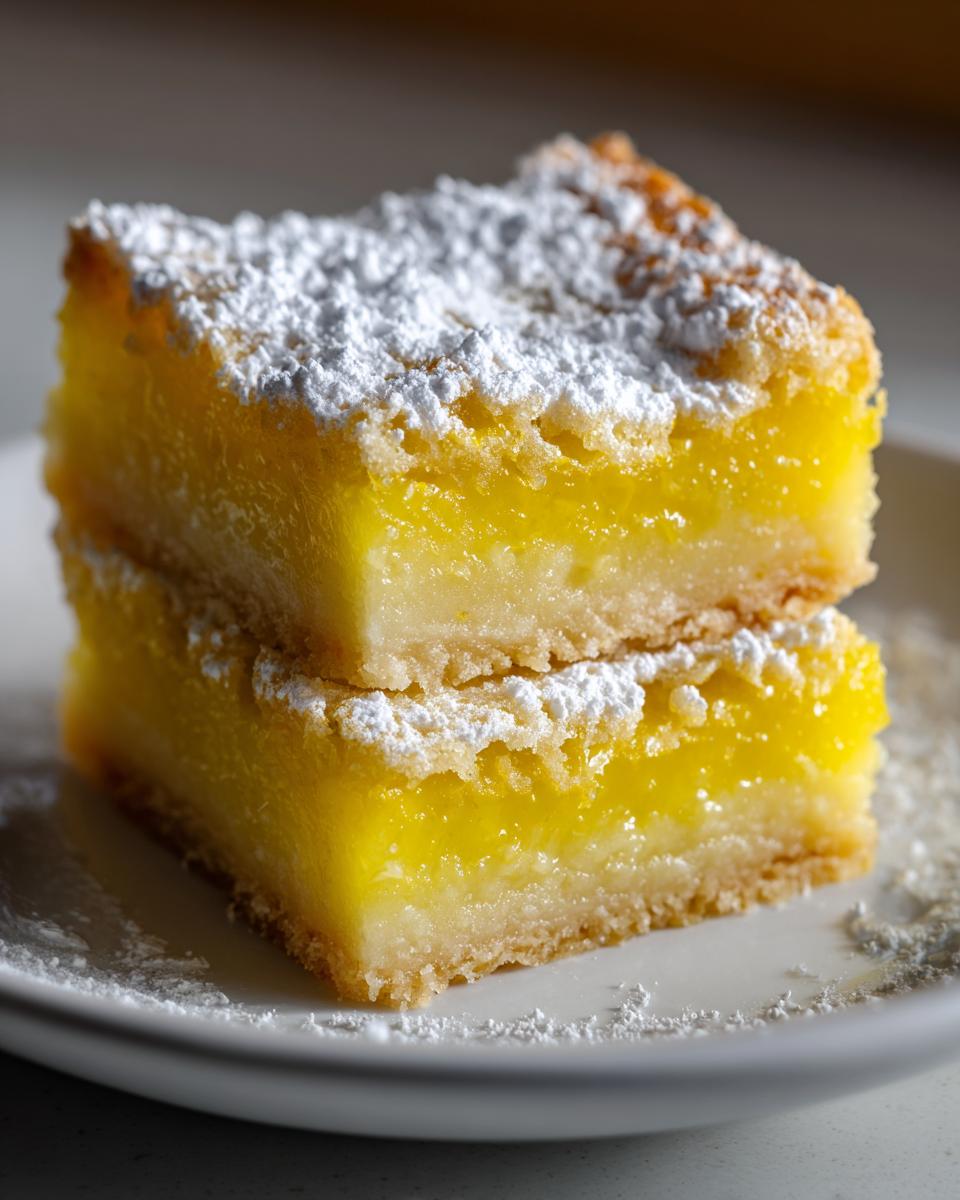 Two bright yellow lemon bars dusted with powdered sugar, stacked on a white plate. A perfect dessert recipe with lemon bars and bright citrus flavor.