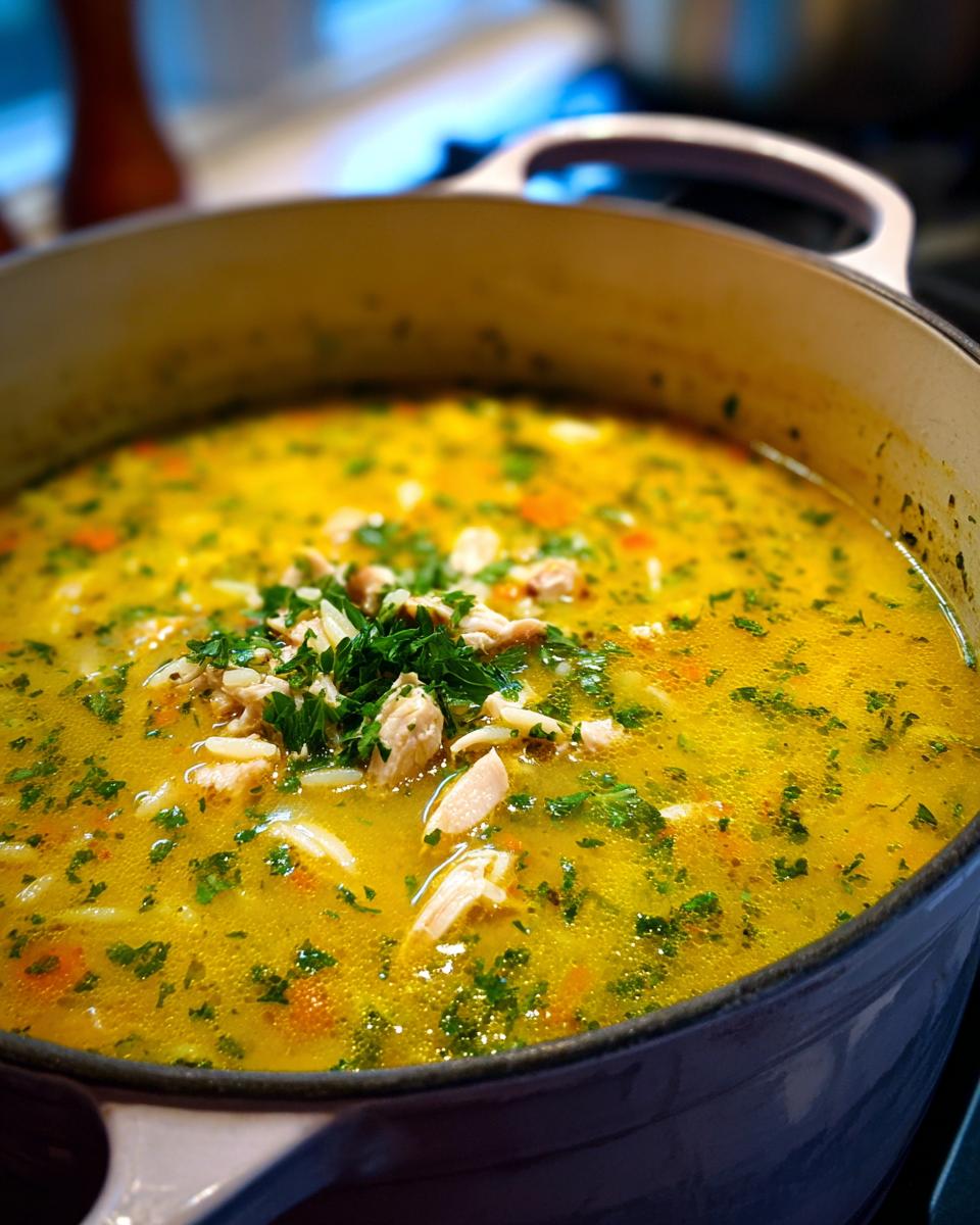 A pot of vibrant Lemon Chicken Orzo Soup With Fresh Herbs, filled with tender chicken, orzo pasta, and bright green herbs.