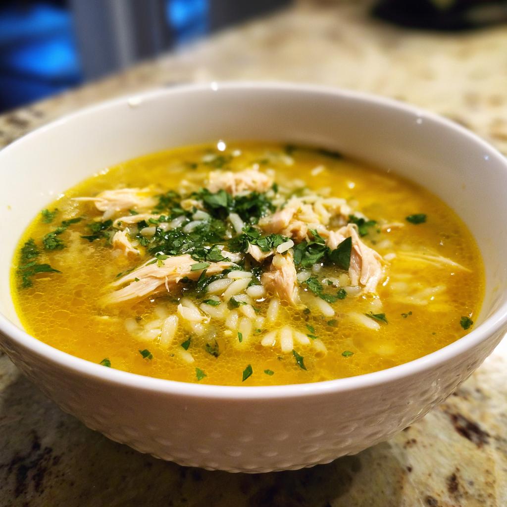 A close-up of a white bowl filled with Lemon Chicken Orzo Soup With Fresh Herbs, showcasing shredded chicken, orzo pasta, and chopped parsley.