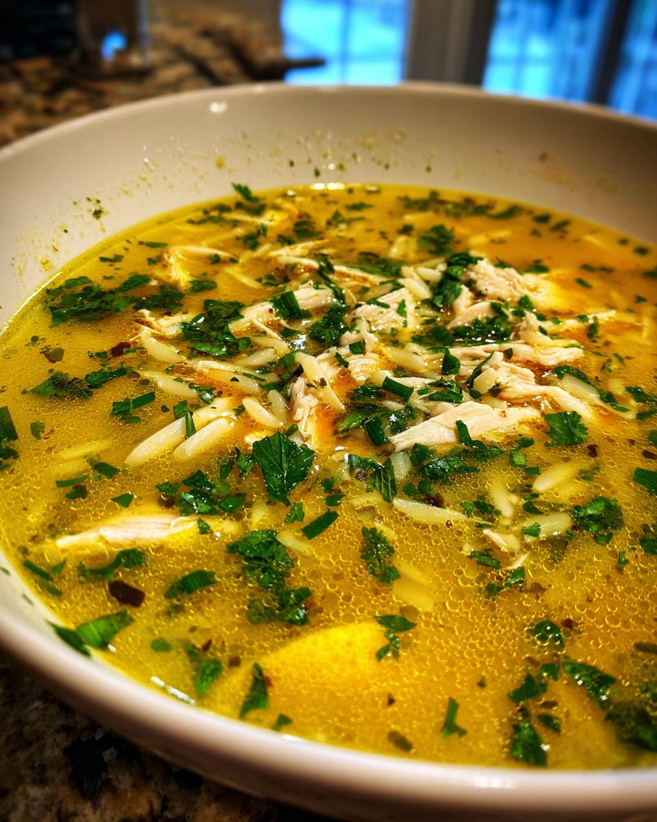 A close-up of a bowl of Lemon Chicken Orzo Soup with fresh herbs and shredded chicken.
