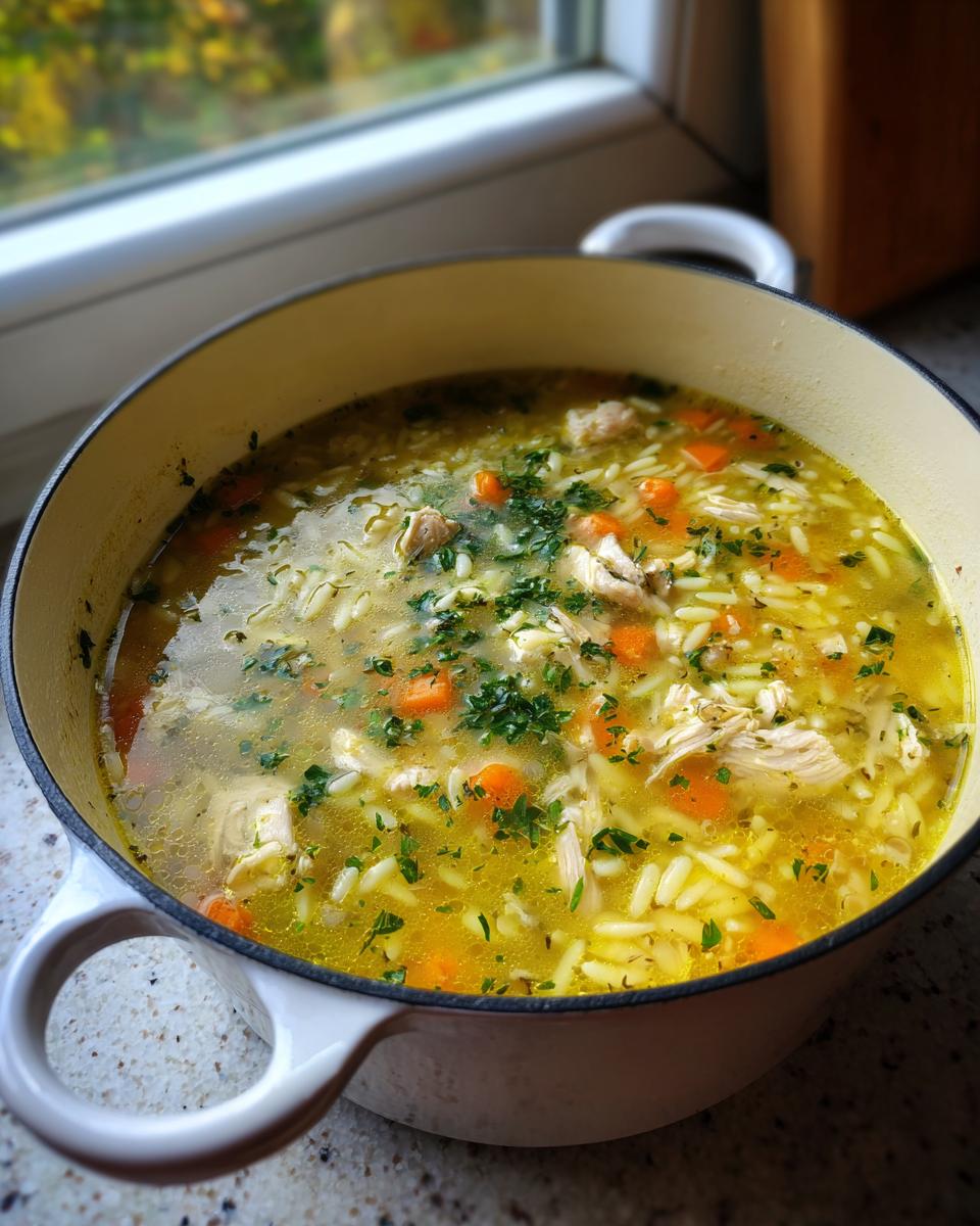 A pot of Lemon Chicken Orzo Soup With Fresh Herbs, filled with shredded chicken, orzo pasta, carrots, and parsley.