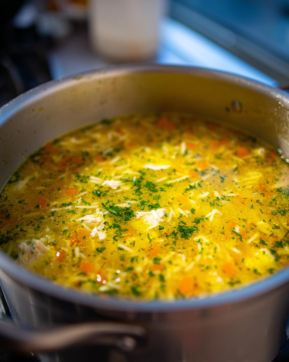 A pot of simmering Lemon Chicken Orzo Soup With Fresh Herbs, featuring shredded chicken, orzo pasta, carrots, and parsley.