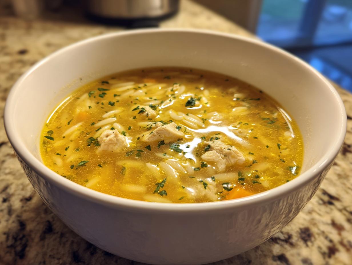 A close-up of a bowl of Lemon Chicken Orzo Soup With Fresh Herbs, featuring tender chicken, orzo pasta, and vibrant herbs.