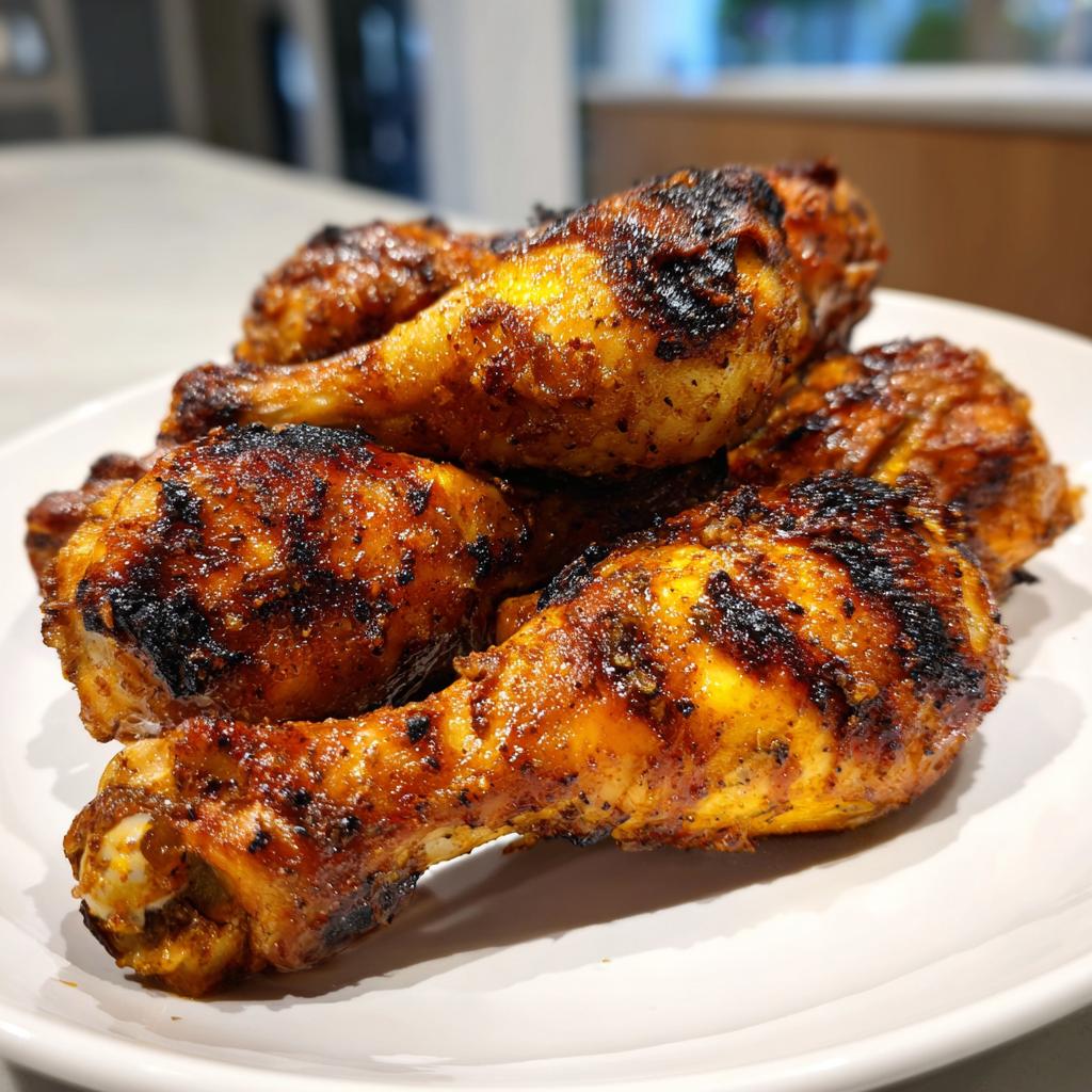 A pile of perfectly grilled lemon garlic drumsticks with char marks on a white plate, ready for a cookout.