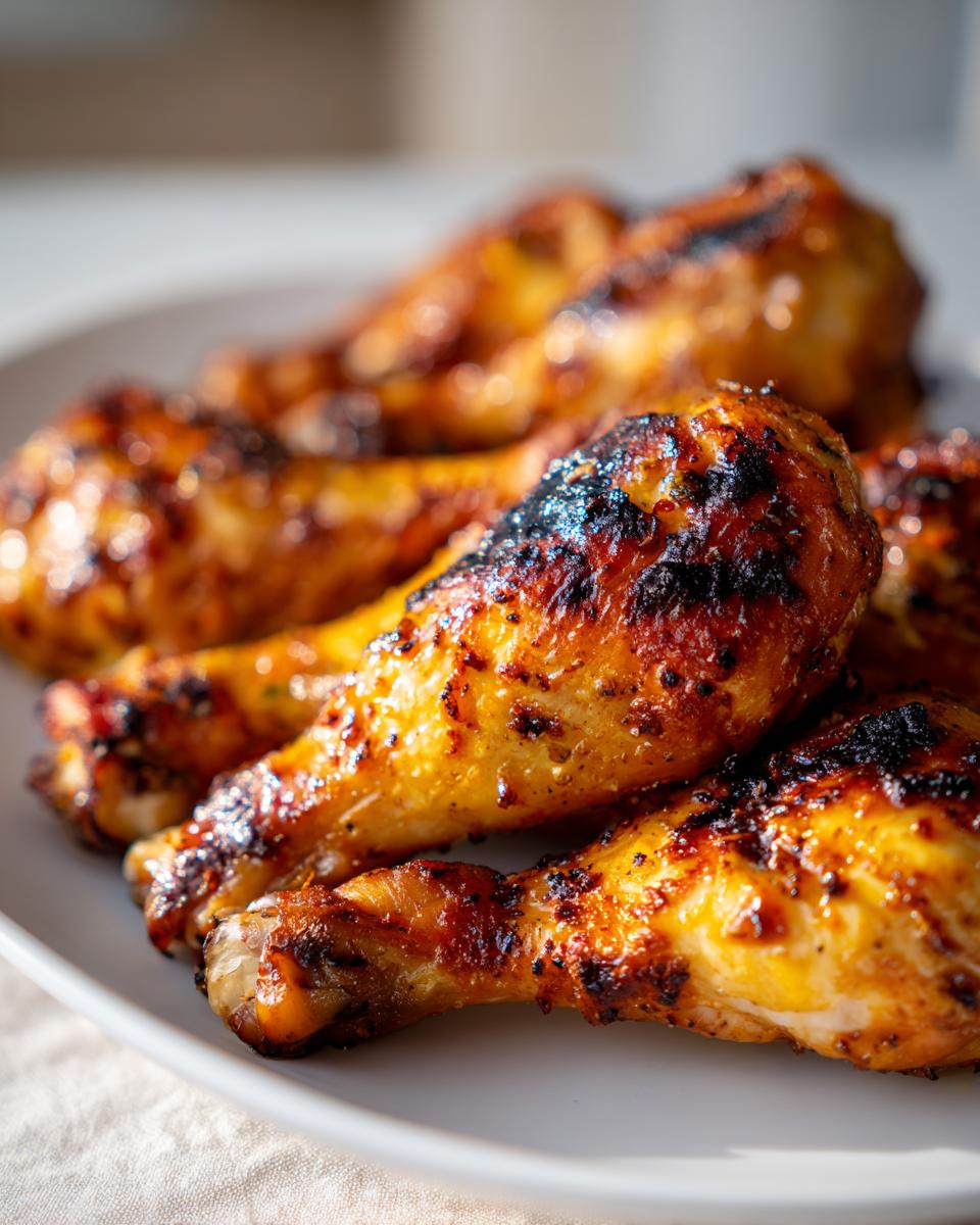 Close-up of grilled lemon garlic drumsticks on a white plate, showing golden-brown skin with char marks.