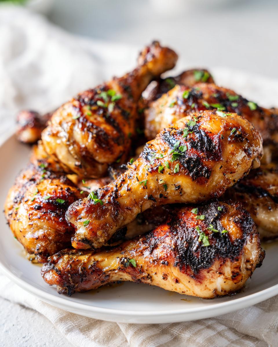 A pile of grilled lemon garlic drumsticks garnished with parsley, perfect for family cookouts.