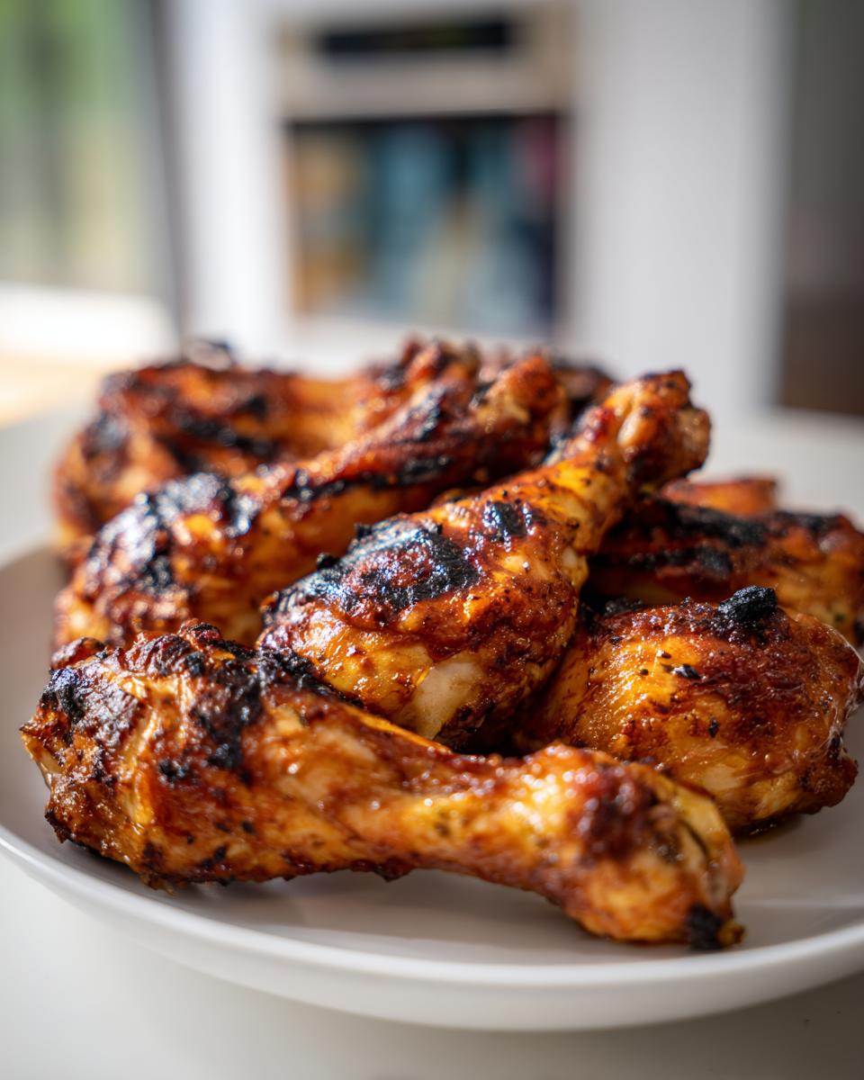 Close-up of grilled lemon garlic drumsticks on a white plate, showing char marks and a glossy glaze.