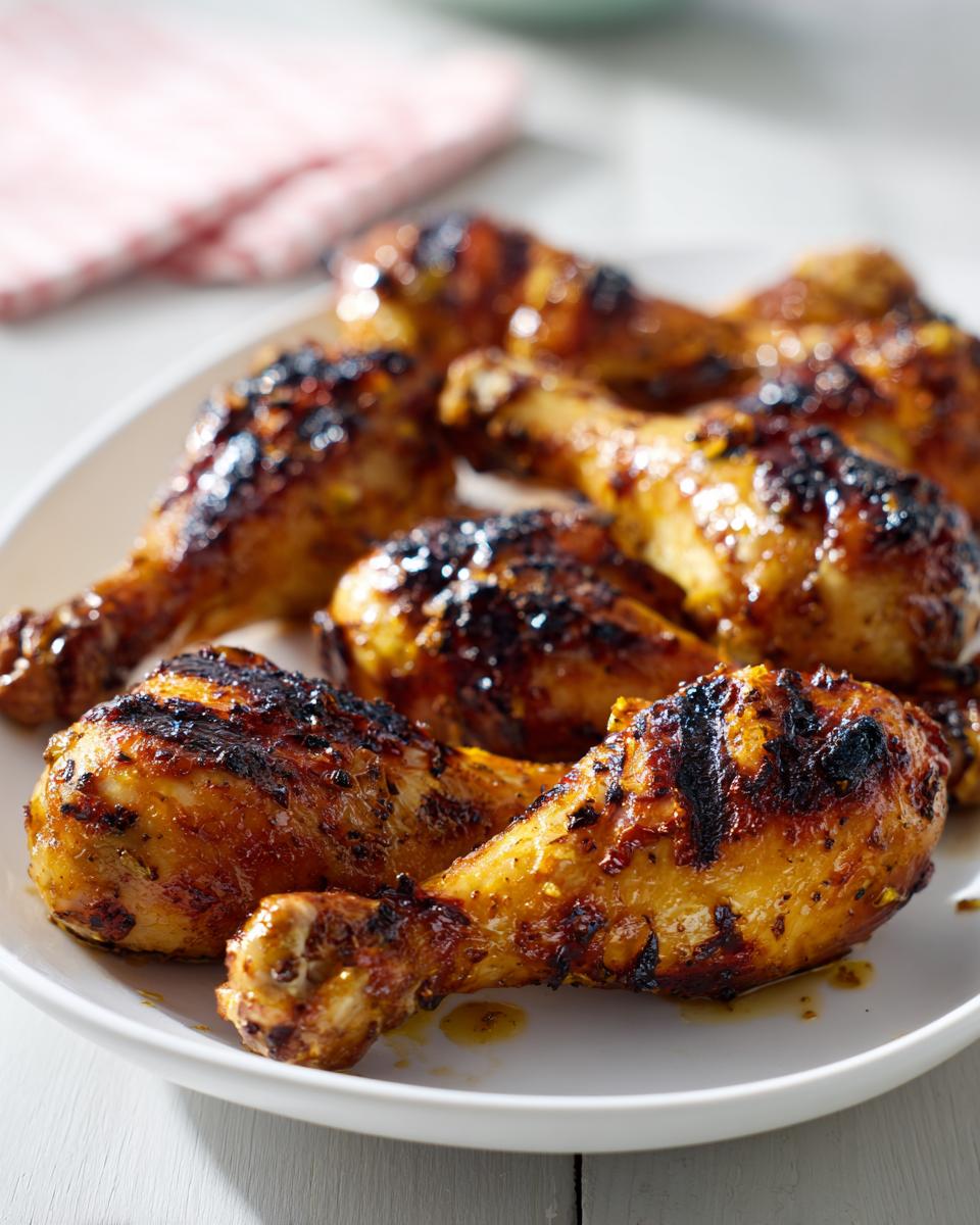 Close-up of grilled lemon garlic drumsticks on a white plate, showing grill marks and a glossy glaze.