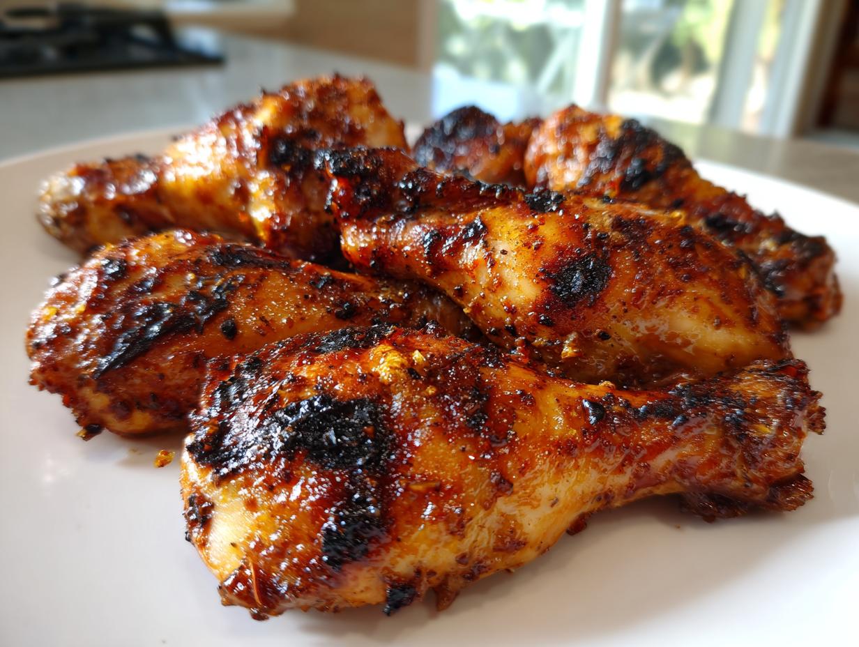 A plate of juicy, grilled lemon garlic drumsticks with char marks, perfect for family cookouts.