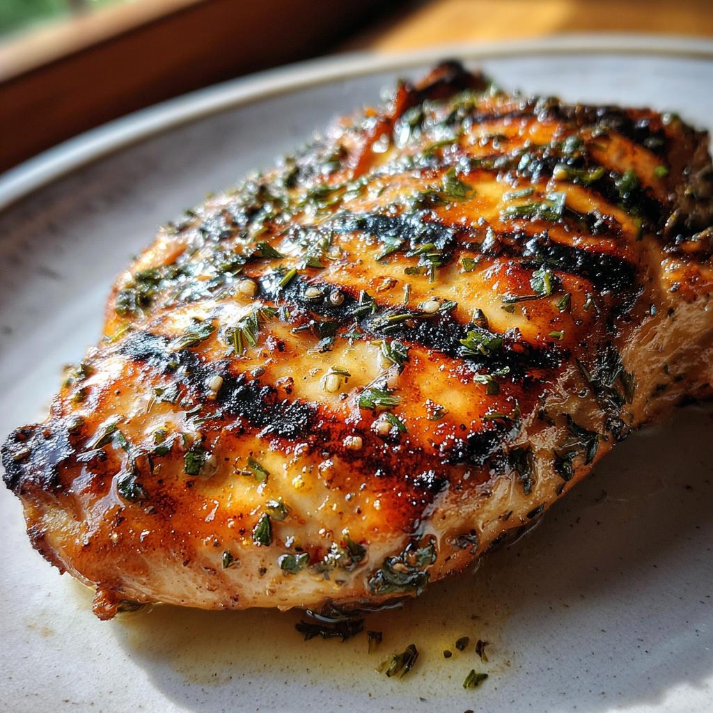 Close-up of a perfectly grilled lemon herb chicken breast, showcasing grill marks and fresh herbs.