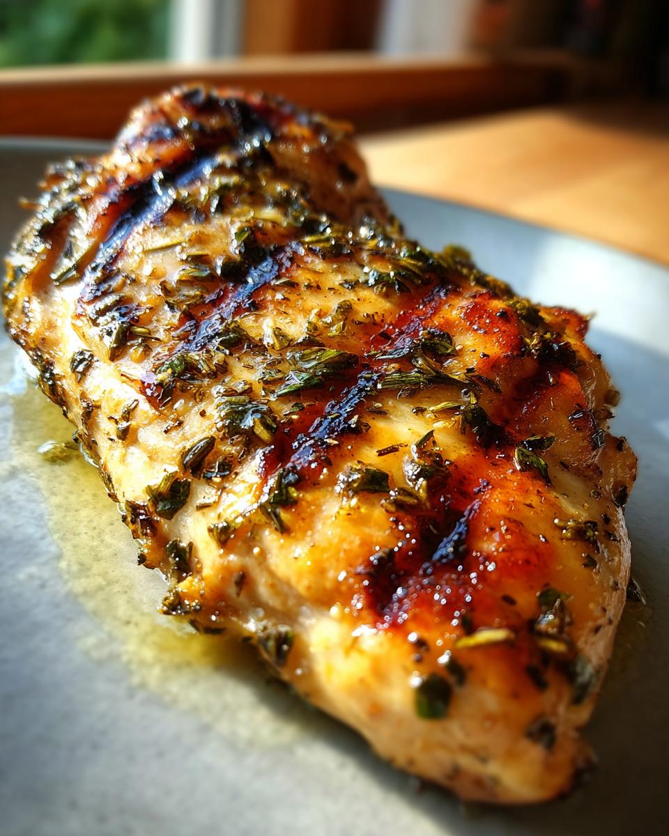 Close-up of a juicy lemon herb grilled chicken breast on a plate, with visible grill marks and herbs.