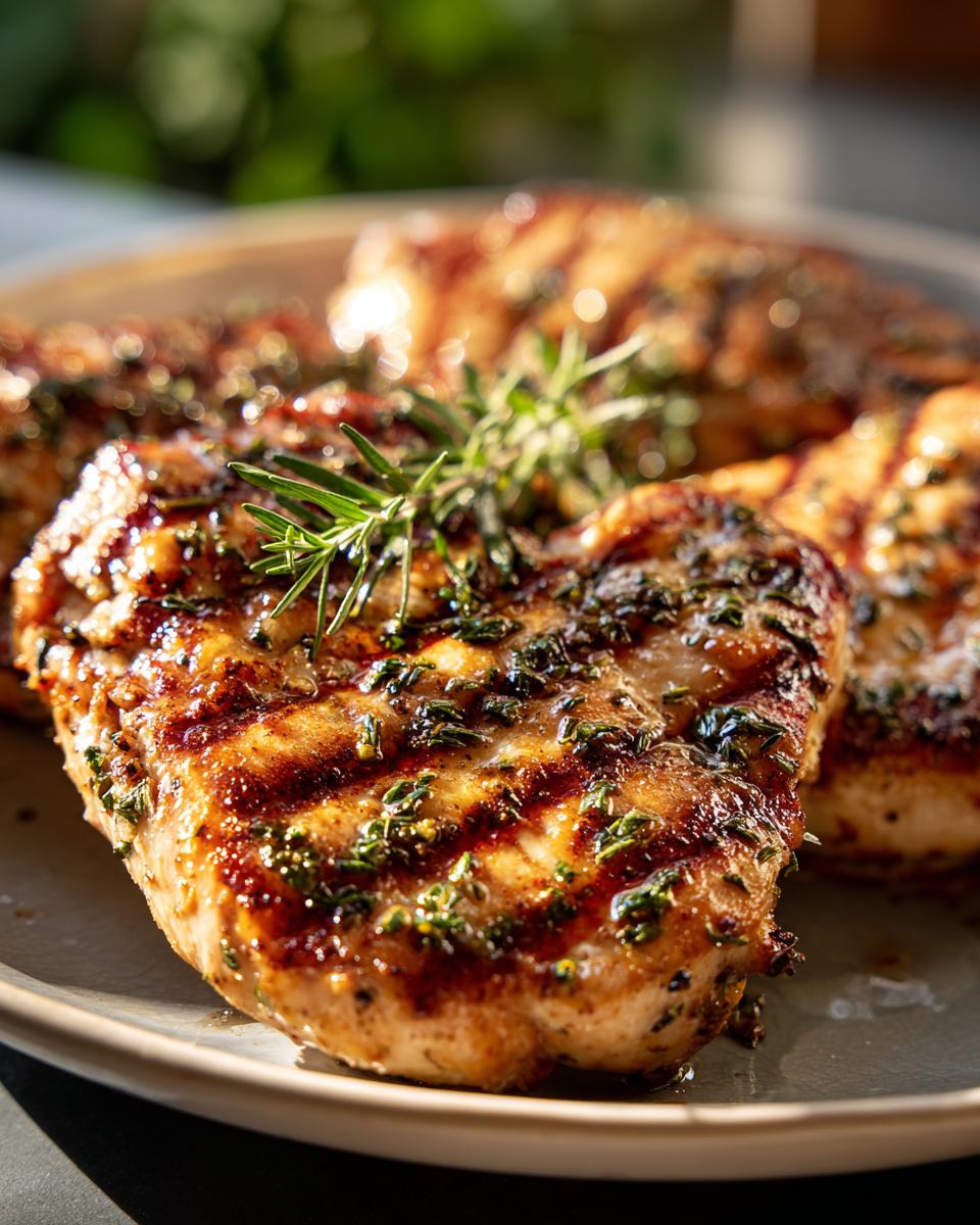 Close-up of grilled chicken breast with lemon and herb seasoning, showing grill marks and fresh rosemary garnish.