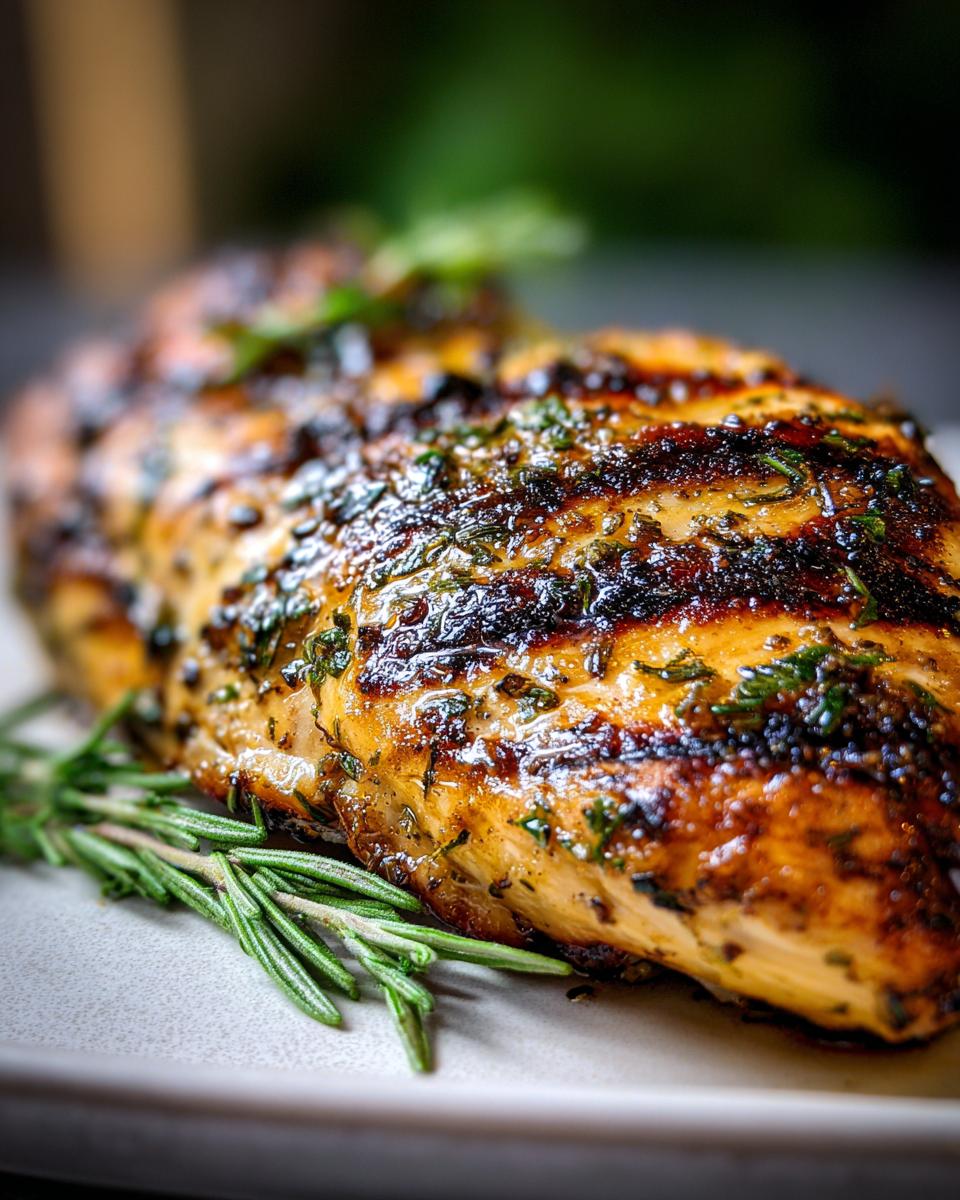 Close-up of a juicy lemon herb grilled chicken breast with grill marks and fresh rosemary.