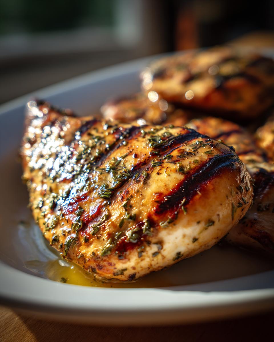 Close-up of juicy lemon herb grilled chicken breast with grill marks and fresh herbs.