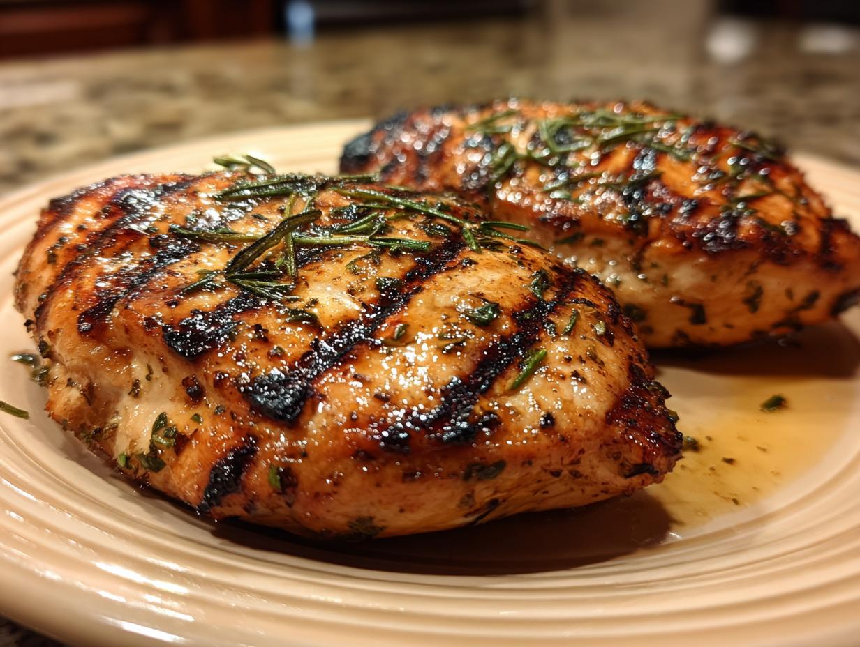 Two juicy lemon herb grilled chicken breasts seasoned with rosemary on a plate.