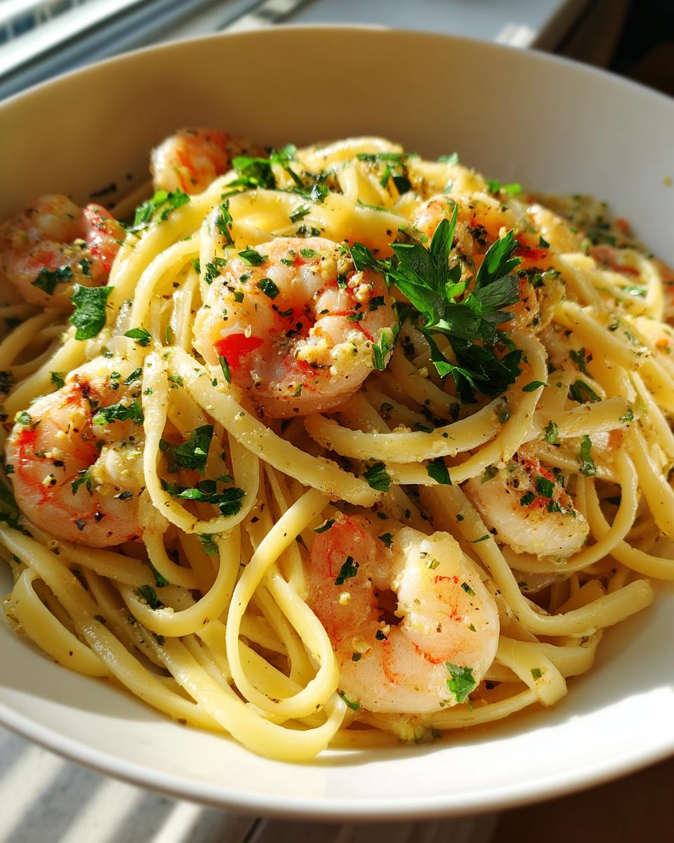 Close-up of a bowl of Lemon Shrimp Linguine pasta, featuring plump shrimp and fresh parsley.