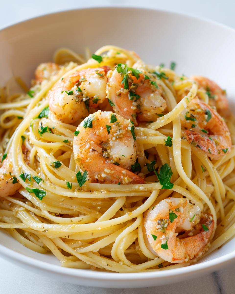 Close-up of a white bowl filled with lemon shrimp linguine pasta, topped with fresh parsley.