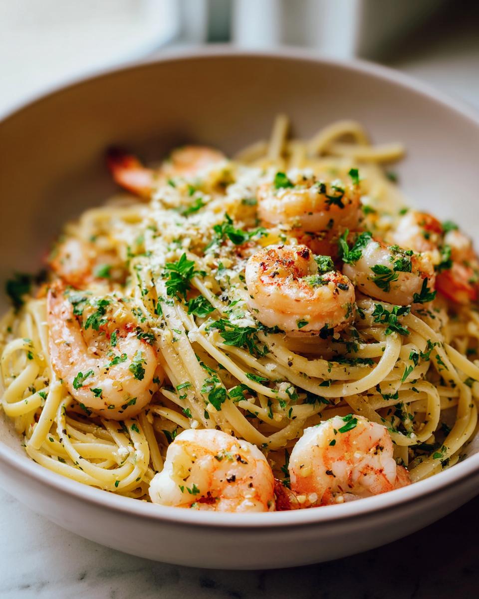 A bowl of Lemon Shrimp Linguine pasta, topped with fresh parsley and grated cheese.