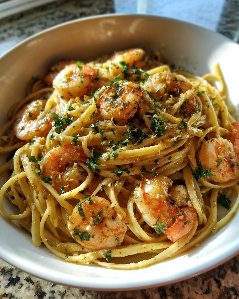A close-up of a white bowl filled with lemon shrimp linguine pasta, garnished with fresh parsley.
