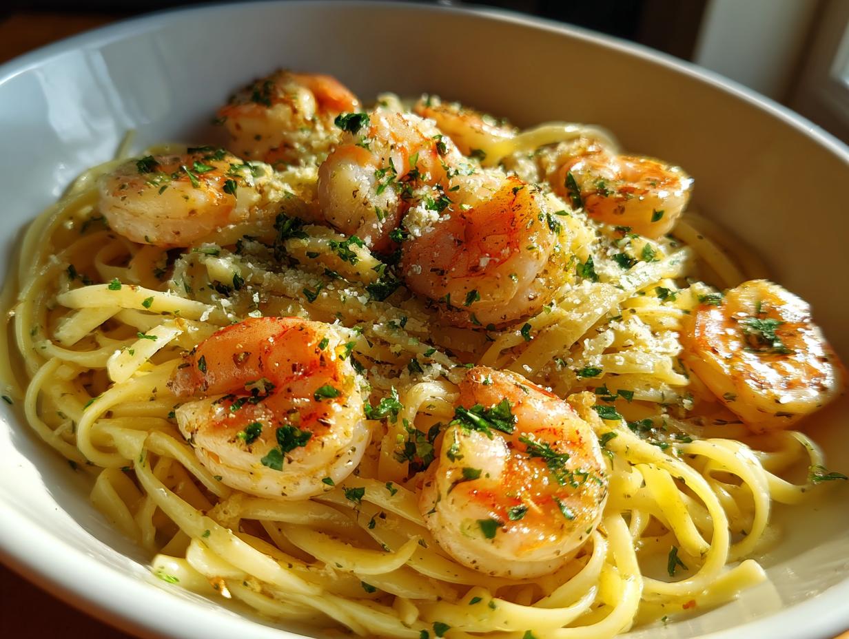 A close-up of a bowl of lemon shrimp linguine pasta, topped with fresh parsley and grated cheese.