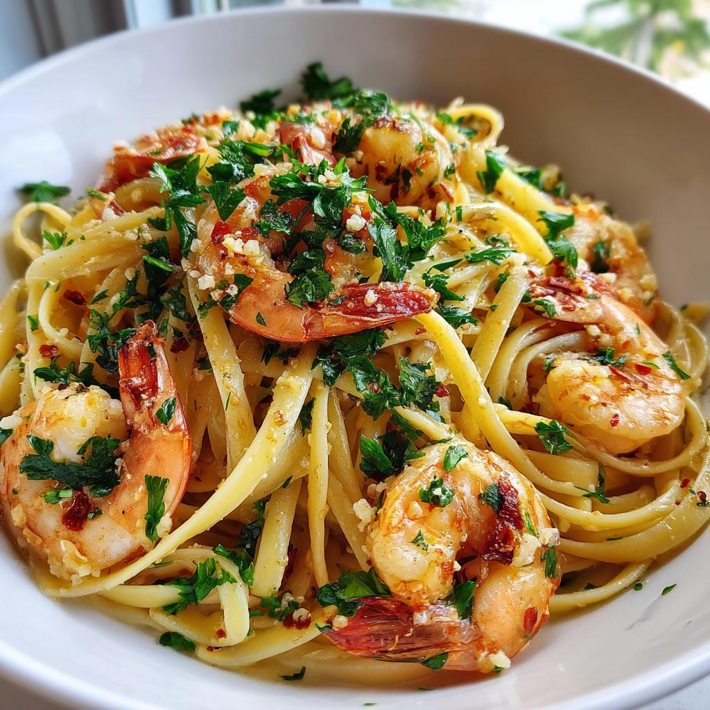 A close-up shot of a bowl of lemon shrimp linguine pasta, garnished with fresh parsley and chili flakes.