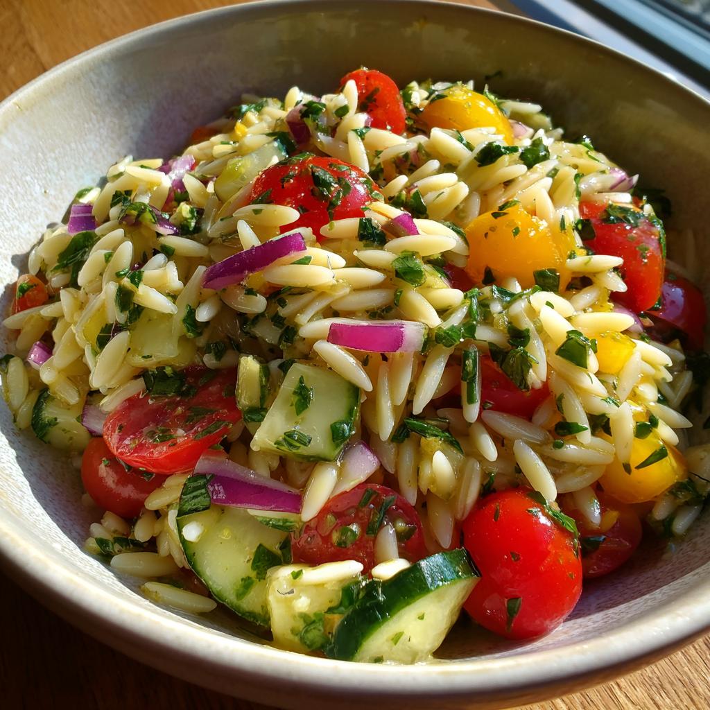 A close-up of a bowl filled with lemony orzo salad featuring cherry tomatoes, cucumber, red onion, and fresh herbs.