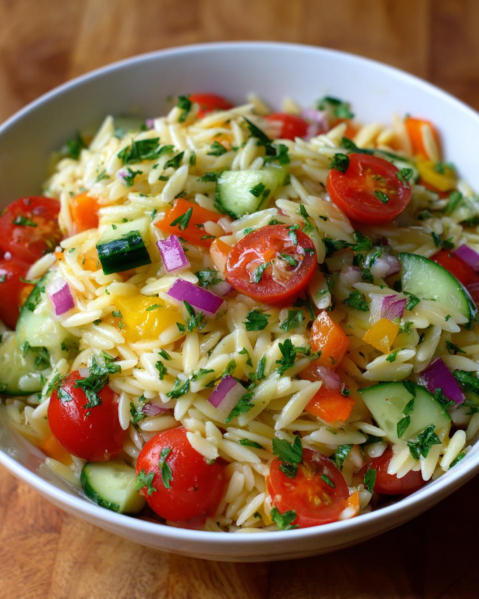 A bowl of lemony orzo salad with fresh veggies like cherry tomatoes, cucumber, bell peppers, and red onion, topped with parsley.