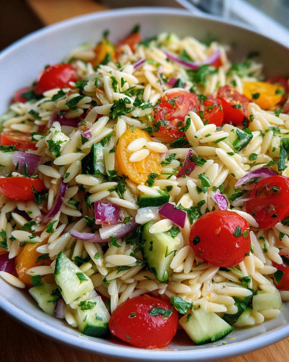 A vibrant bowl of lemony orzo salad with fresh cherry tomatoes, cucumber, red onion, and parsley.