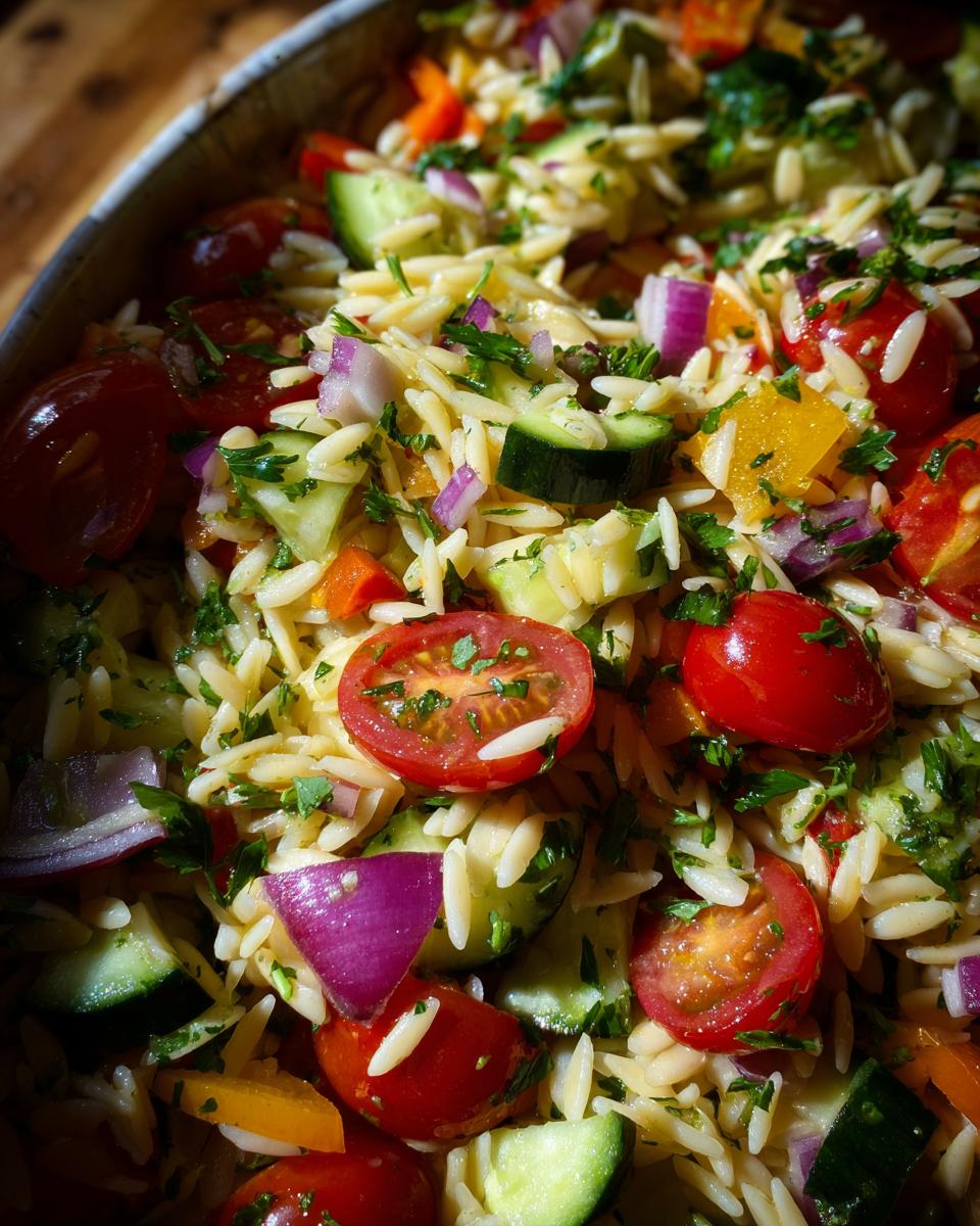 Close-up of a vibrant lemony orzo salad with cherry tomatoes, cucumber, red onion, and fresh herbs.