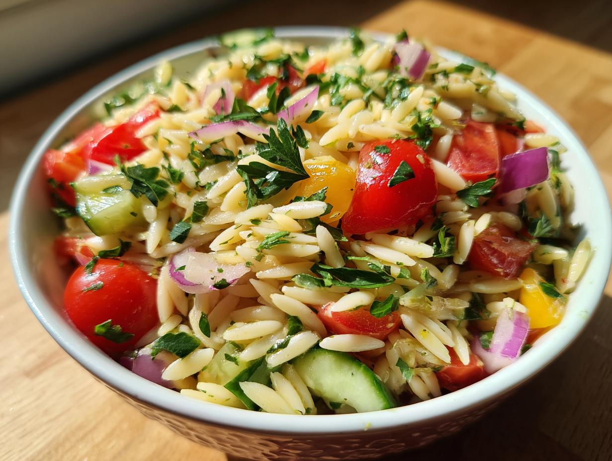 A bowl of lemony orzo salad with fresh veggies like tomatoes, cucumber, red onion, and parsley.