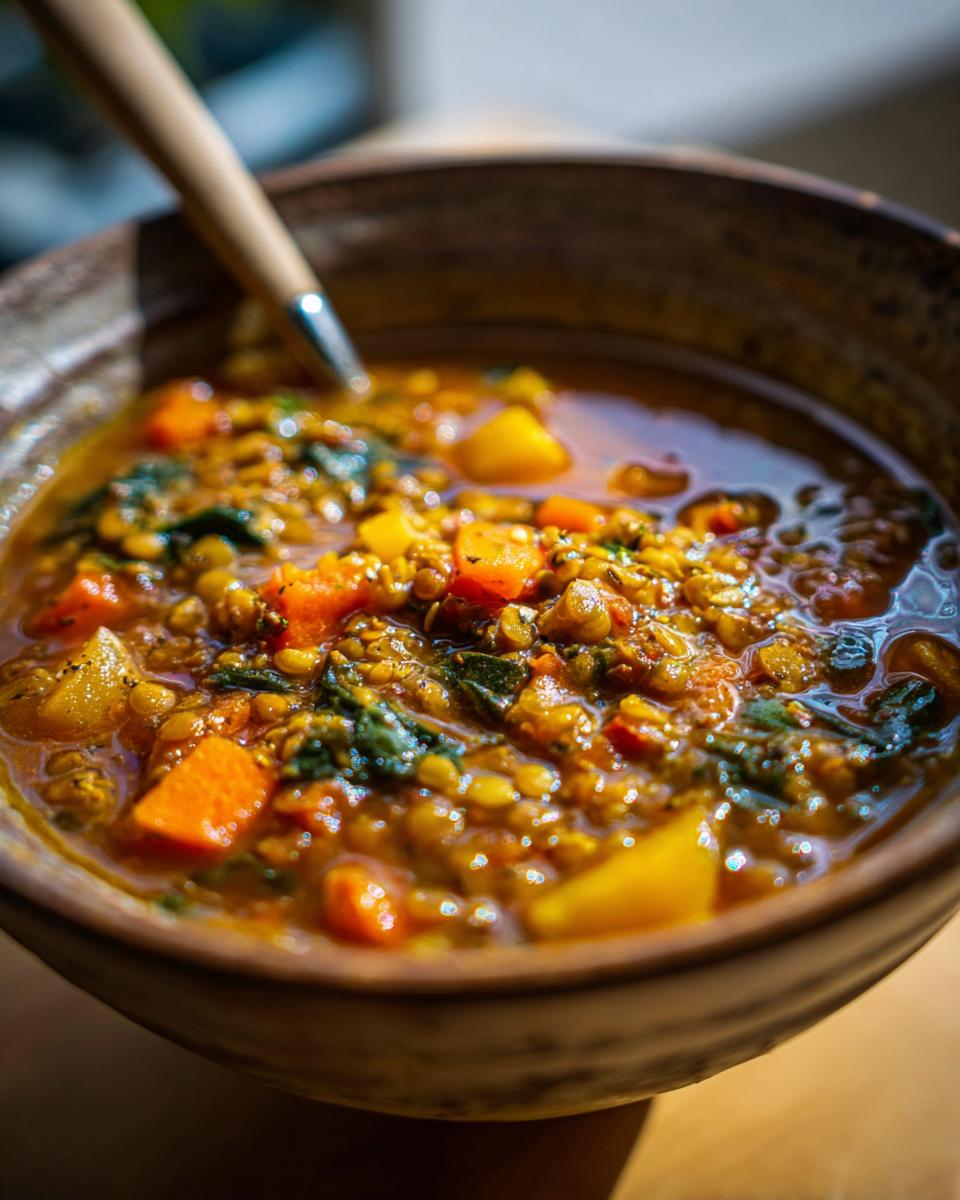 Close-up of a rustic bowl filled with a hearty lentil vegetable soup, featuring carrots, potatoes, and greens.