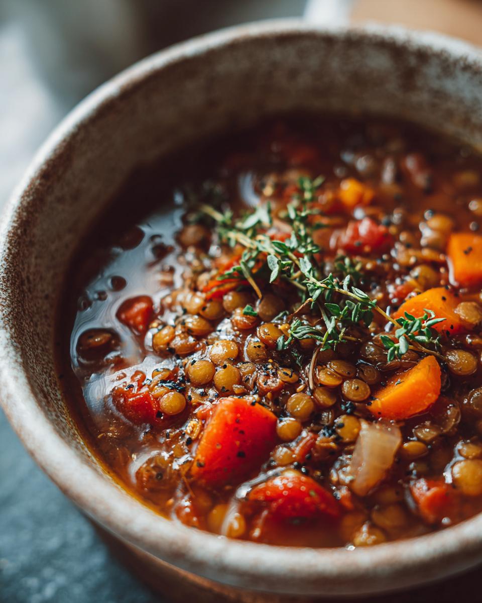 A close-up of a bowl of lentil vegetable soup, garnished with fresh thyme, perfect for meal prep.