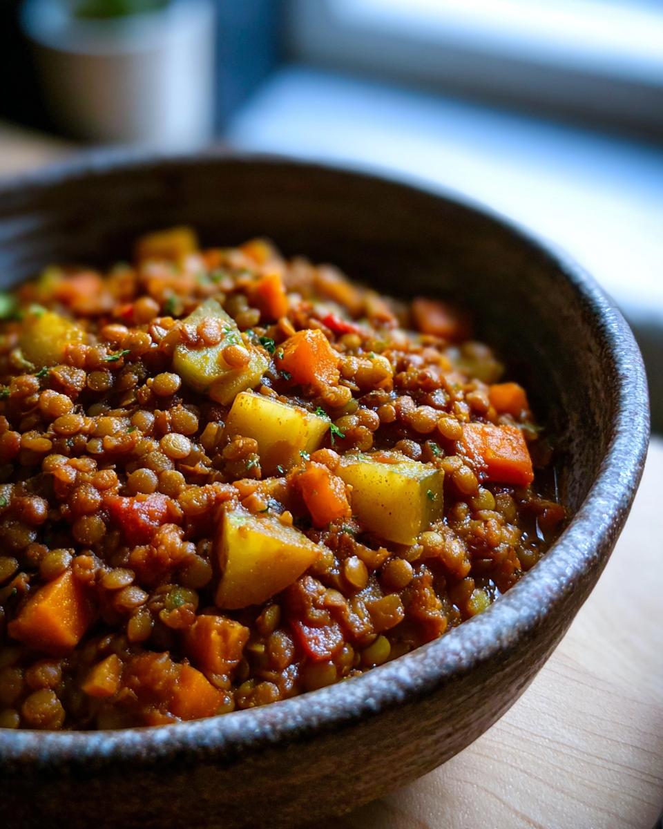 A close-up of a rustic bowl filled with hearty lentil vegetable soup, featuring lentils, carrots, and potatoes.