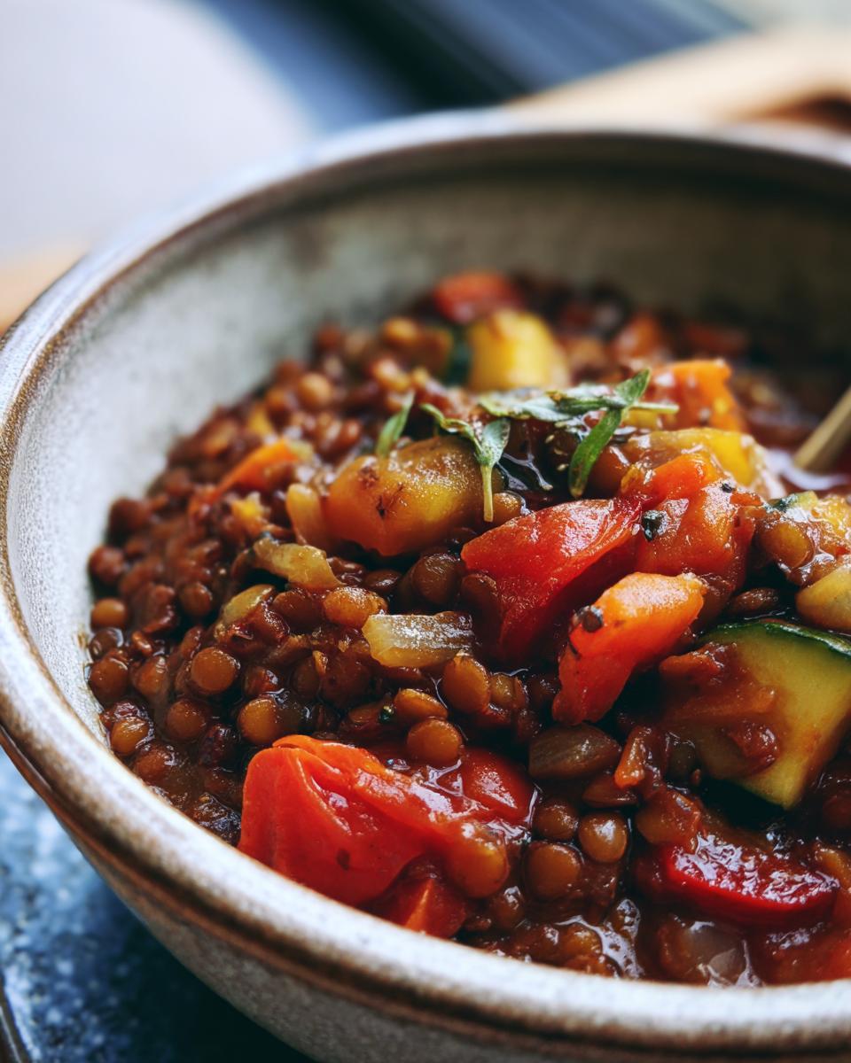 Close-up of a bowl of hearty lentil vegetable soup with tomatoes, zucchini, and herbs, perfect for meal prep.