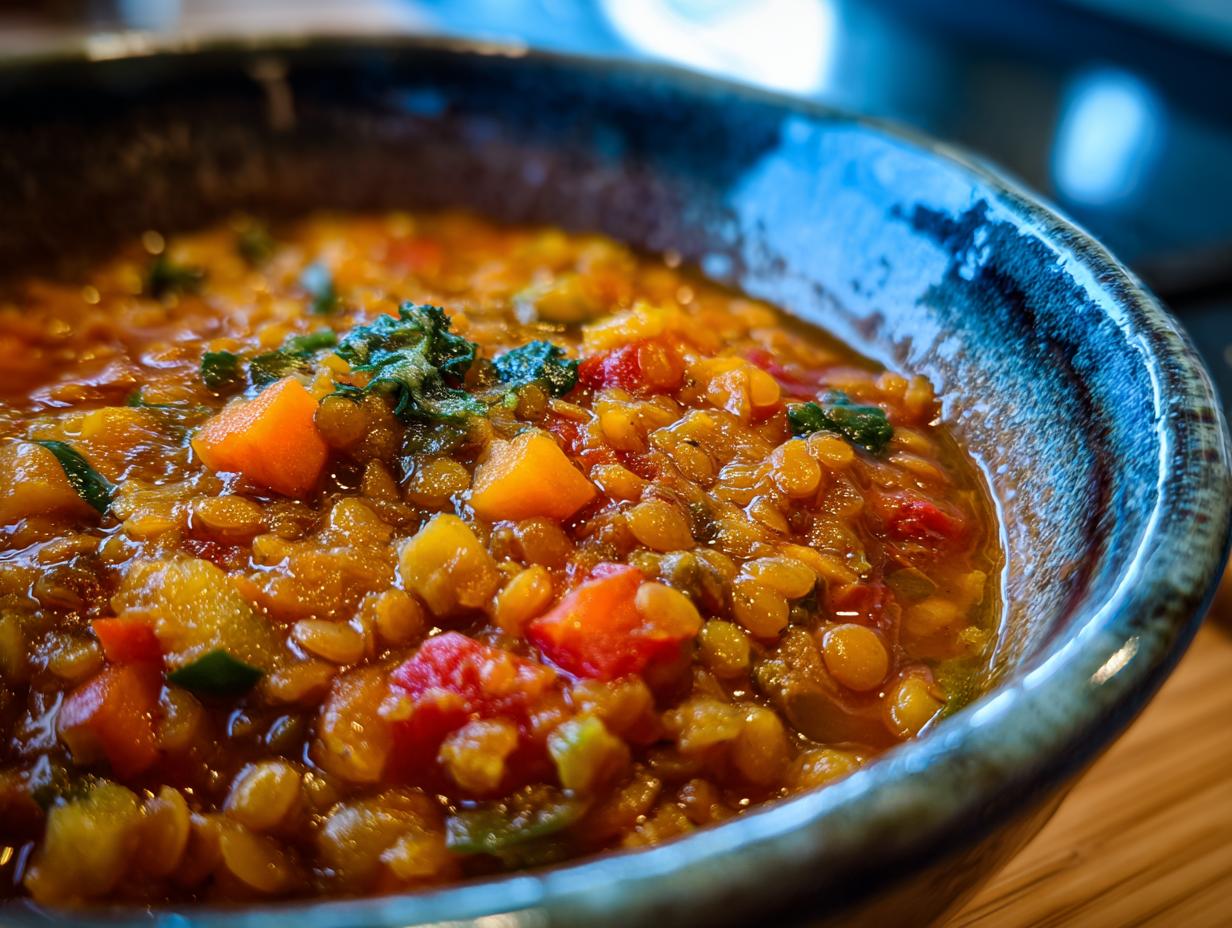 Close-up of a rustic bowl filled with hearty lentil vegetable soup, perfect for meal prep.