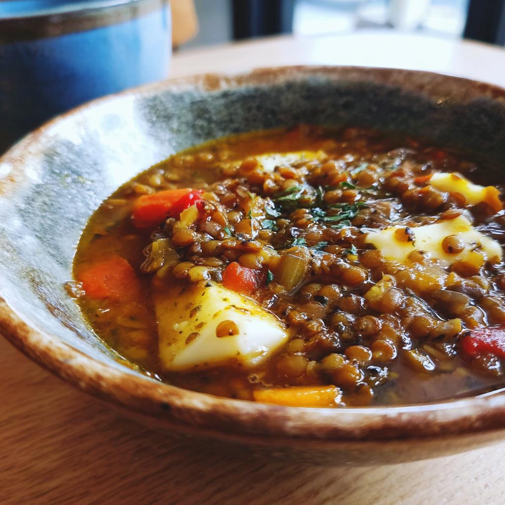 Close-up of a hearty bowl of lentil vegetable soup with chunks of potato and carrots, perfect for meal prep.