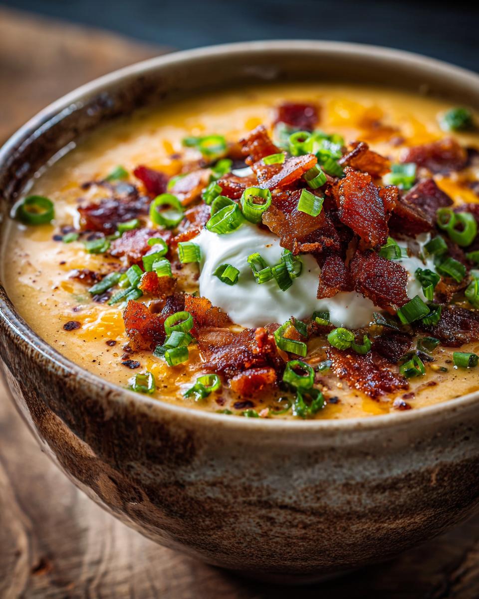 A hearty bowl of loaded broccoli cheddar soup topped with sour cream, crispy bacon, and fresh chives.