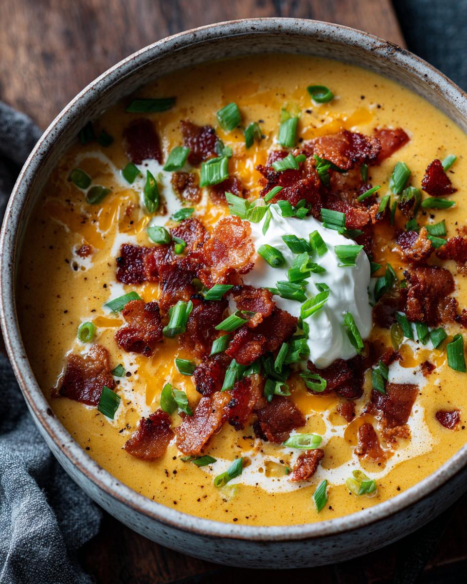 A bowl of creamy Loaded Broccoli Cheddar Soup topped with crispy bacon, sour cream, and chives.