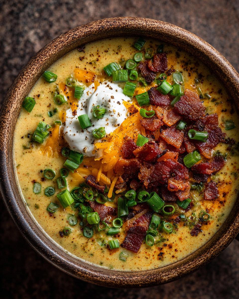 A close-up of a hearty bowl of Loaded Broccoli Cheddar Soup, topped with sour cream, shredded cheddar cheese, crispy bacon, and chopped scallions.