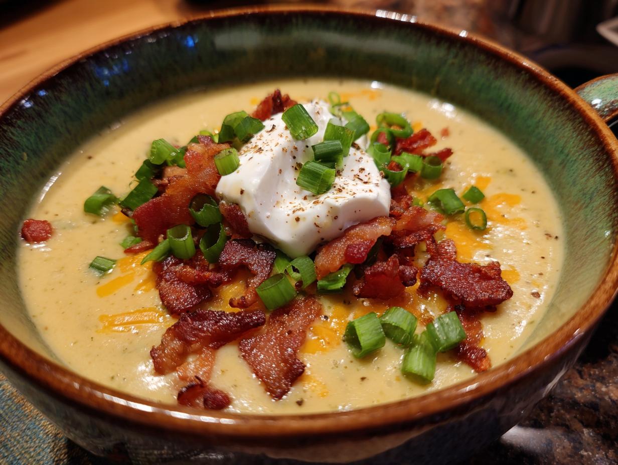A bowl of loaded broccoli cheddar soup topped with sour cream, bacon bits, and chopped green onions.