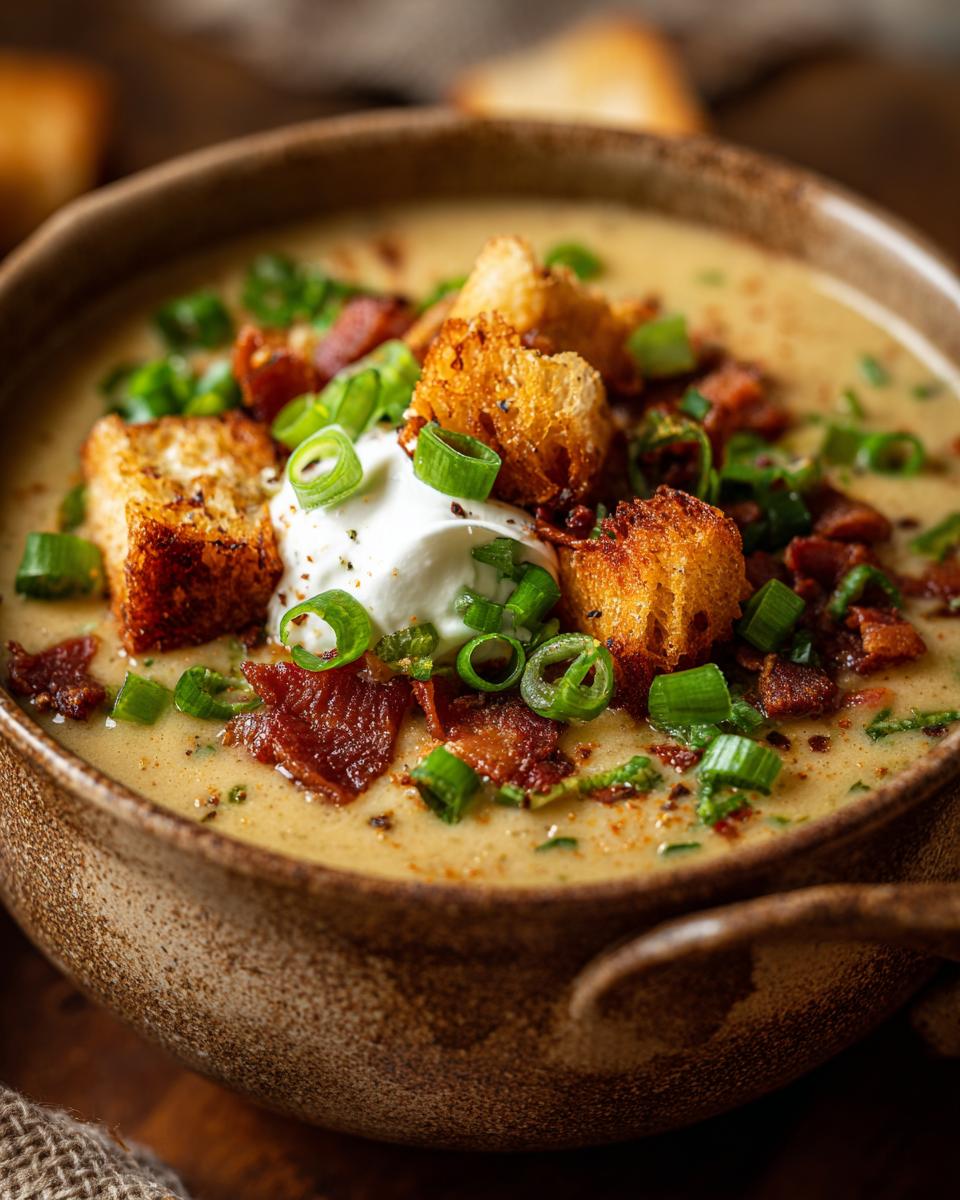 A bowl of creamy Loaded Broccoli Cheddar Soup topped with croutons, sour cream, bacon, and green onions.