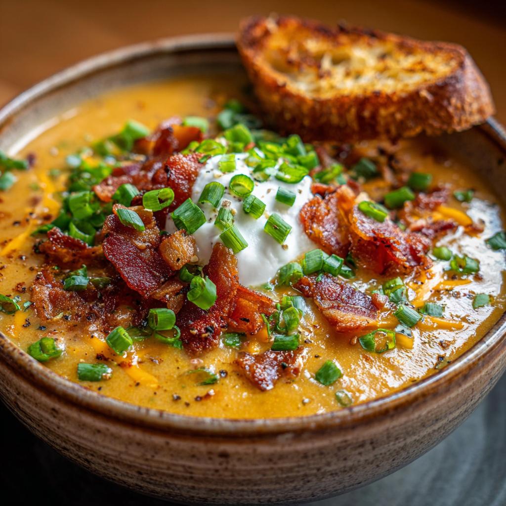 A hearty bowl of Loaded Broccoli Cheddar Soup topped with bacon, sour cream, chives, and served with a slice of toasted bread.
